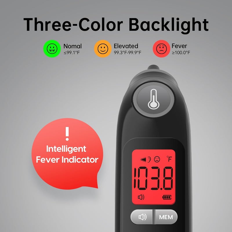 Femometer Ear Thermometer, Highly Accurate Ear Thermometer for Kids, Adults and Babies, 30 Memory Recall, 1s Result and 3-Color Fever Alert, with 24 Disposable Probe Covers, Black - Image 2